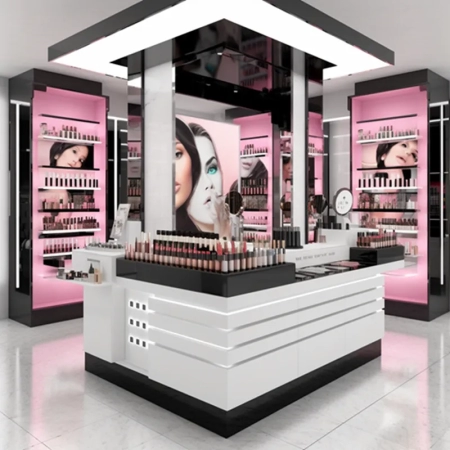 cosmetic kiosk in mall makeup counter display