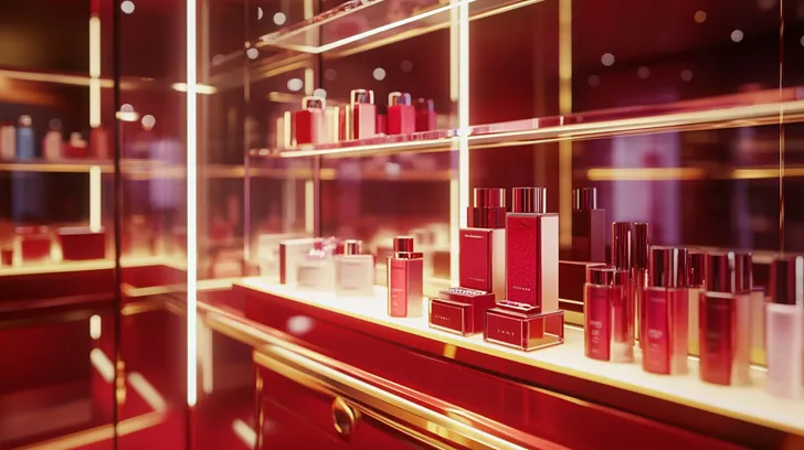 Makeup on sleek cosmetic display podiums